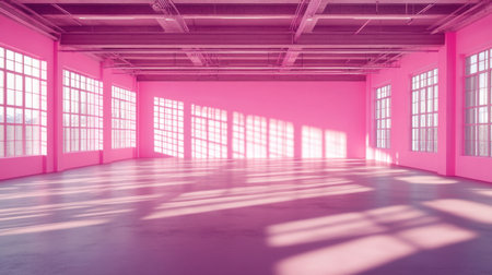This image captures a spacious studio interior featuring vibrant pink walls and large windows that flood the space with natural light, ideal for creativity.の素材