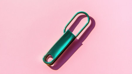 This image features a metallic paperclip resting on a vibrant pink background. Its sleek design highlights modernity and functionality, making it ideal for creative projects.の素材