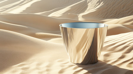A reflective metal container sits in a tranquil desert landscape, surrounded by soft sand dunes and gentle light, creating an interplay of texture and serenity.の素材
