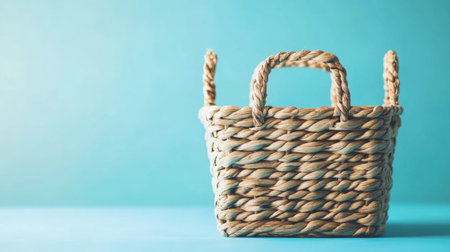 A beautifully crafted woven basket made of natural materials, resting on a soft light blue background. Perfect for home decor, storage, and organization.の素材