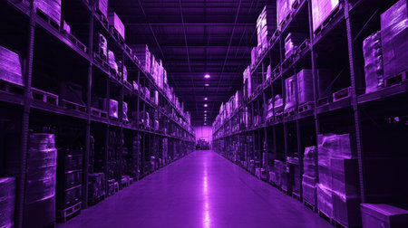 A spacious warehouse interior showcasing neatly stacked pallets and boxes. The scene is illuminated by a soft purple light, creating a striking ambiance.の素材