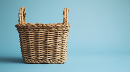 This image showcases a beautifully woven basket featuring handcrafted rope handles, set against a soft blue background. Ideal for home storage and decor.の素材