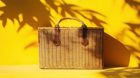 This image features a beautifully woven basket with leather handles, set against a vibrant yellow background that highlights intricate textures.の素材