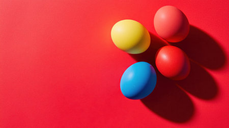 This image features colorful eggs in blue, yellow, and red arranged on a bold red background, symbolizing spring and holiday celebrations. Perfect for festive themes.の素材