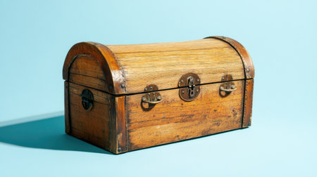 This vintage wooden treasure chest showcases exquisite craftsmanship with its metal accents and inviting design, perfect for various decor applications.の素材