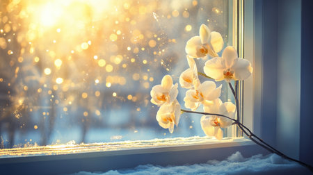 A serene scene featuring elegant white orchids framed by a sunlit window, capturing the beauty of winter with sparkling bokeh and soft snow.の素材