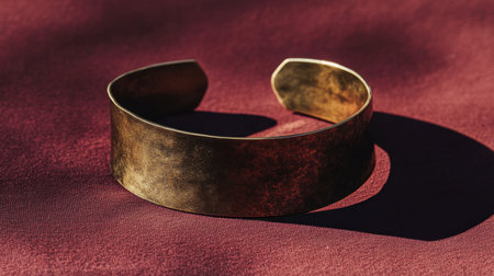 A stunning golden cuff bracelet showcases smooth curves and a rich texture, beautifully reflecting light against a warm background, emphasizing its craftsmanship and elegance.の素材