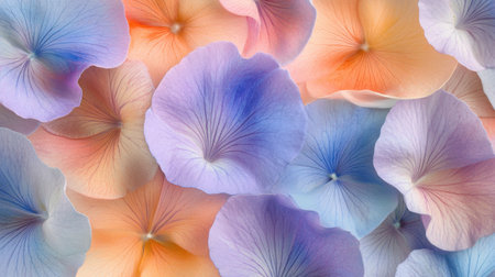 A soft and vibrant background featuring delicate light-blue and peach flower petals, perfect for floral themes and artistic design projects.の素材