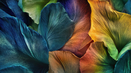 An artistic close-up of vibrant petals showcasing a mesmerizing blend of colors and intricate textures, perfect for nature and design themes.の素材