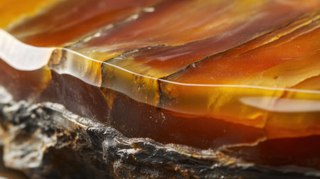 This close-up image showcases the intricate details of a polished amber stone, emphasizing its warm colors and unique natural patterns. Ideal for geological and design themes.の素材