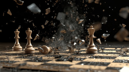 This striking image captures a dramatic moment in a chess game where pieces explode off the board, symbolizing tension and fierce competition.の素材