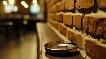 A captivating close-up of an ashtray holding a cigarette resting on a wooden table, complemented by a rustic brick wall, creating a warm and inviting bar atmosphere.の素材