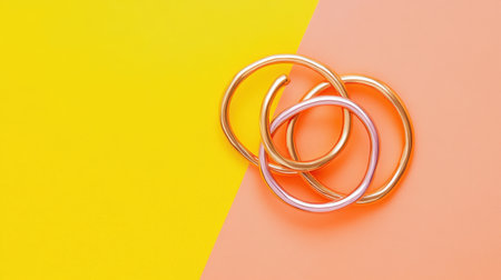 An arrangement of colorful metal rings in gold, pink, and silver set against a vibrant pink and yellow background, perfect for showcasing fashion accessories.の素材