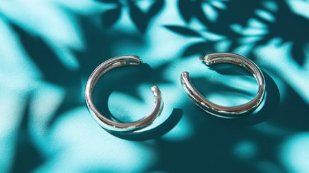 Beautiful silver hoop earrings displayed atop a turquoise surface, creating an artistic play of shadows and light, perfect for adding elegance to any outfit.の素材