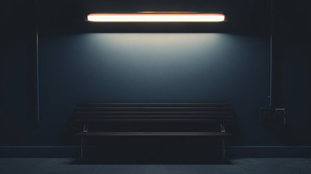 This minimalist interior features a dark space with a simple bench illuminated by an overhead light, creating a calm and tranquil atmosphere.の素材