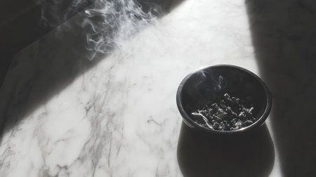 A serene image capturing smoke rising gracefully from a bowl of herbs on a marble surface, illuminated by soft natural light, evokes calmness and tranquility.の素材