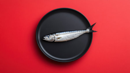 A beautifully styled whole fish rests on a sleek black plate against a striking red background, showcasing the fresh, natural elements of seafood cuisine.の素材