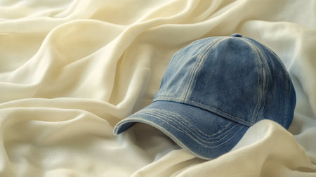 A soft blue denim cap lies gracefully on creamy draped fabric, creating a relaxed and casual atmosphere suited for lifestyle and fashion photography.の素材