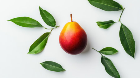 A stunning mango rests at the center of vibrant green leaves on a clean white background, highlighting the fruit's rich colors and natural appeal.の素材