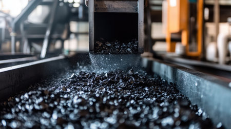 Close-up view of coal being dumped into a conveyor belt at an industrial site, showcasing the manufacturing process and the heavy machinery involved.の素材
