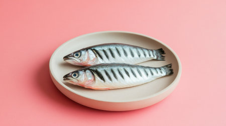 Two freshly caught fish lay elegantly on a round plate against a soft pink background, perfect for showcasing culinary creativity and food art.の素材