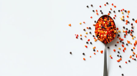 Bright and vibrant spices scattered around a spoon create an enticing culinary scene. Perfect for food photography and cooking inspiration on a clean background.の素材