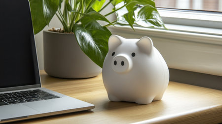 A charming white piggy bank sits on a wooden desk beside a laptop and a potted plant, creating a serene and motivational workspace atmosphere.の素材