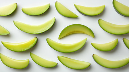 An artistic arrangement of fresh green melon slices showcases vibrant colors and textures, perfect for healthy eating concepts and culinary inspiration.の素材
