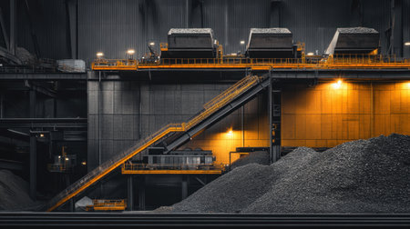 An industrial setting featuring coal storage and transportation equipment within a steel manufacturing facility at night. Illuminated staircase enhances atmosphere.の素材