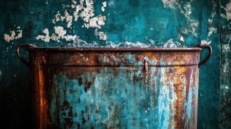 This image features an old metal bucket filled with water, showcasing a rich patina against a beautifully textured blue wall, perfect for vintage themes.の素材