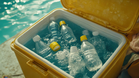 A bright yellow cooler filled with bottled water is positioned by a sparkling pool on a sunlit day, ideal for summer activities and relaxation.の素材