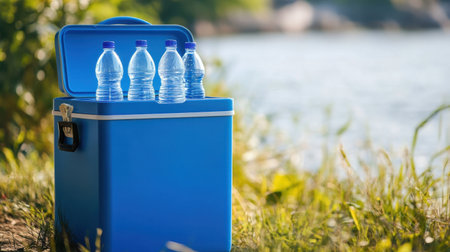 A vibrant blue cooler sits by a riverbank, filled with bottled water, surrounded by lush green grass, perfect for outdoor hydration during warm summer days.の素材