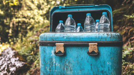 A weathered blue cooler filled with plastic water bottles stands in a serene forest environment, highlighting themes of outdoor adventure and hydration.の素材