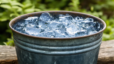 A rustic metal bucket filled with clear ice cubes sits outdoors, surrounded by lush green foliage. Perfect for summer beverages and gatherings.の素材
