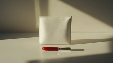 This image features an elegant white pouch alongside a bright red lipstick. The scene captures the beauty of minimalism, enhanced by soft natural light, creating a modern and chic aesthetic perfect for beauty and fashion.の素材