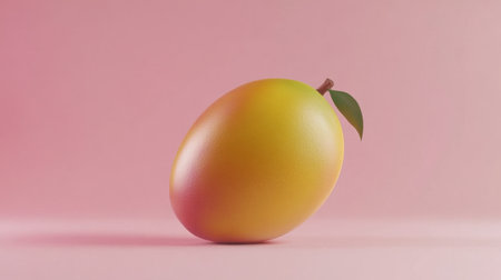 A vibrant mango showcases its bright yellow color against a soft pink background, highlighting natural textures that evoke freshness and vitality in food themes.の素材