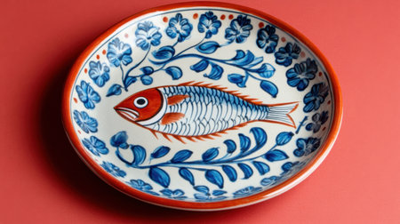 This stunning hand-painted ceramic plate features a vibrant fish design surrounded by intricate floral patterns, perfect for home decor or dining.の素材