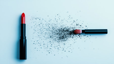 This striking image showcases a vibrant red lipstick alongside a brush coated with black powder, set against a soft blue background, ideal for beauty themes.の素材