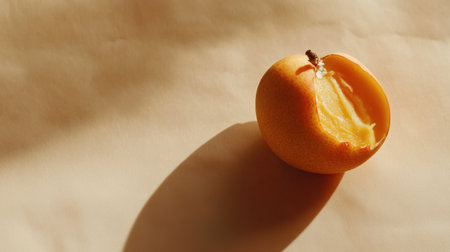 A vibrant orange with a bite taken out, resting on a brown textured surface. The image captures the essence of freshness and light, perfect for food-related themes.の素材