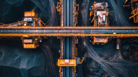 This aerial image showcases a vibrant industrial scene with large machinery operating on a mining site. It illustrates the intricate network of equipment and transport systems involved in the mining process.の素材