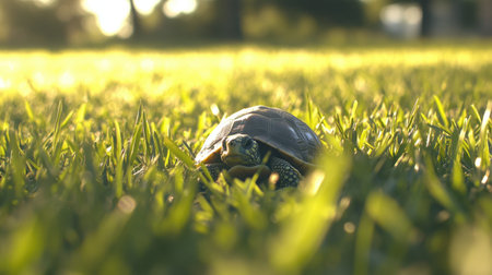 A charming tortoise crawls over vibrant green grass, illuminated by soft sunlight. This peaceful scene captures the essence of nature and tranquility.の素材