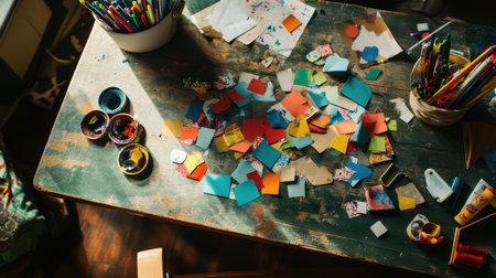 A vibrant and colorful array of craft supplies scattered across a rustic wooden table, showcasing an inspiring workspace filled with creativity.の素材