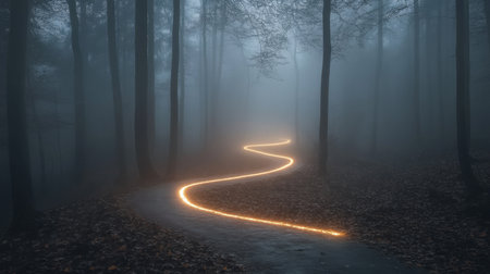 A enchanting scene of a winding forest path illuminated by a glowing light trail, surrounded by trees shrouded in mist, creating an ethereal atmosphere.の素材