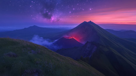 Experience the stunning beauty of a sunrise illuminating majestic volcanoes, surrounded by a starry sky and vibrant clouds. This serene landscape invites exploration.の素材