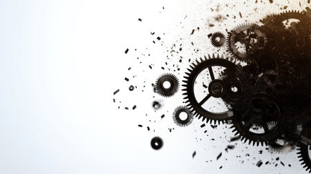 This image showcases an abstract concept of mechanical gears disassembling, symbolizing dynamics and fragmentation in engineering and technology settings.の素材