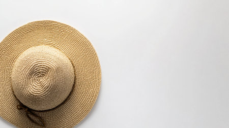 A stylish straw hat ideal for summer fashion and outdoor activities, set against a minimalist background. Perfect for beach trips or casual outings.の素材