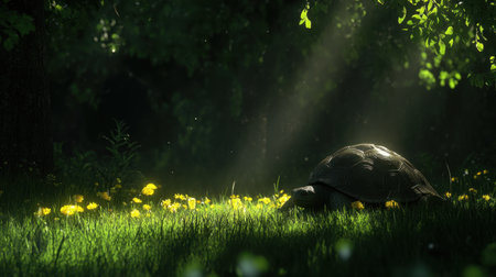 A serene scene captures a turtle gracefully moving through a sunlit forest filled with vibrant flowers and soft green grass, showcasing nature's beauty.の素材