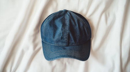 A blue denim baseball cap sits on a light bedspread, showcasing a casual and stylish accessory perfect for outdoor activities or everyday wear.の素材