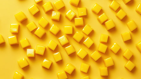 This image features a delightful spread of shiny yellow square candy pieces on a matching yellow surface, perfect for playful themes and vibrant designs.の素材