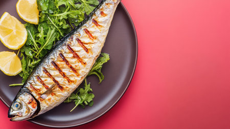 A beautifully arranged grilled fish fillet served on a plate with fresh arugula and lemon slices, highlighting vibrant colors and textures. Perfect for culinary showcases.の素材